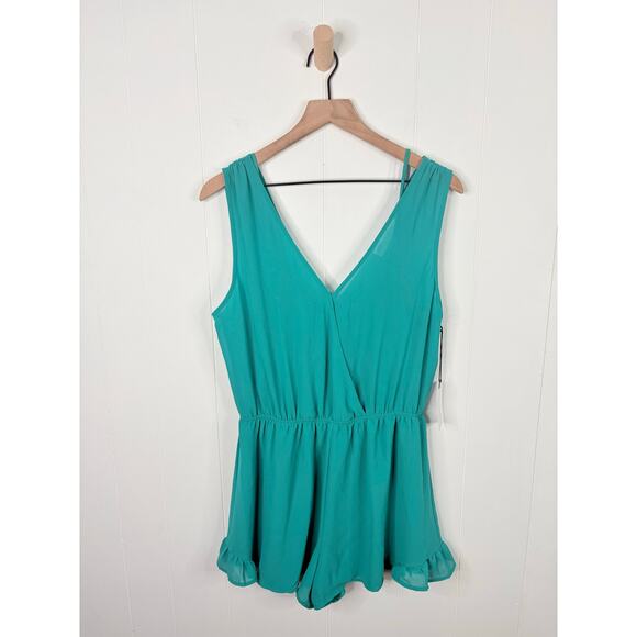 ASTR The Label Teal Chiffon Romper Size Medium Ruffle Hem - Picture 2 of 8